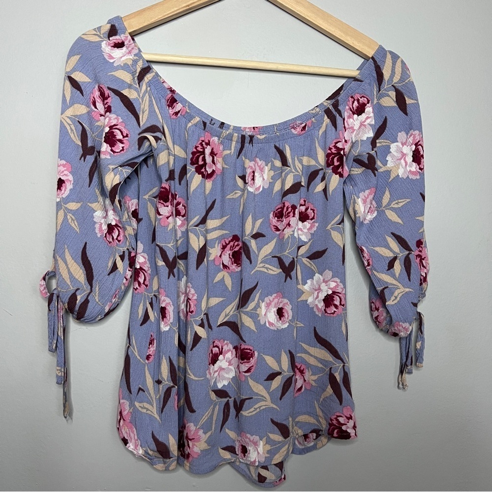 Blue Rain Peasant Pink Lavender Blue Floral Off Shoulder Cropped Blouse Size XS